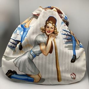 Handmade pinup girl print knot bag. 9x12 reversible, snap slip knot strap